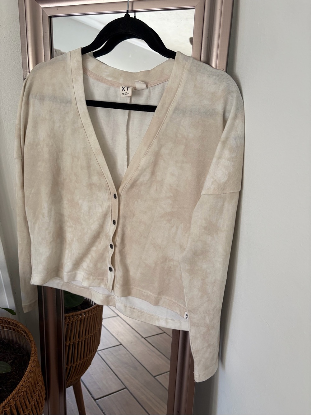 ROXY Beige Cream Tie Dye Button Front Cardigan Women’s Small Oversized Boho Y2K